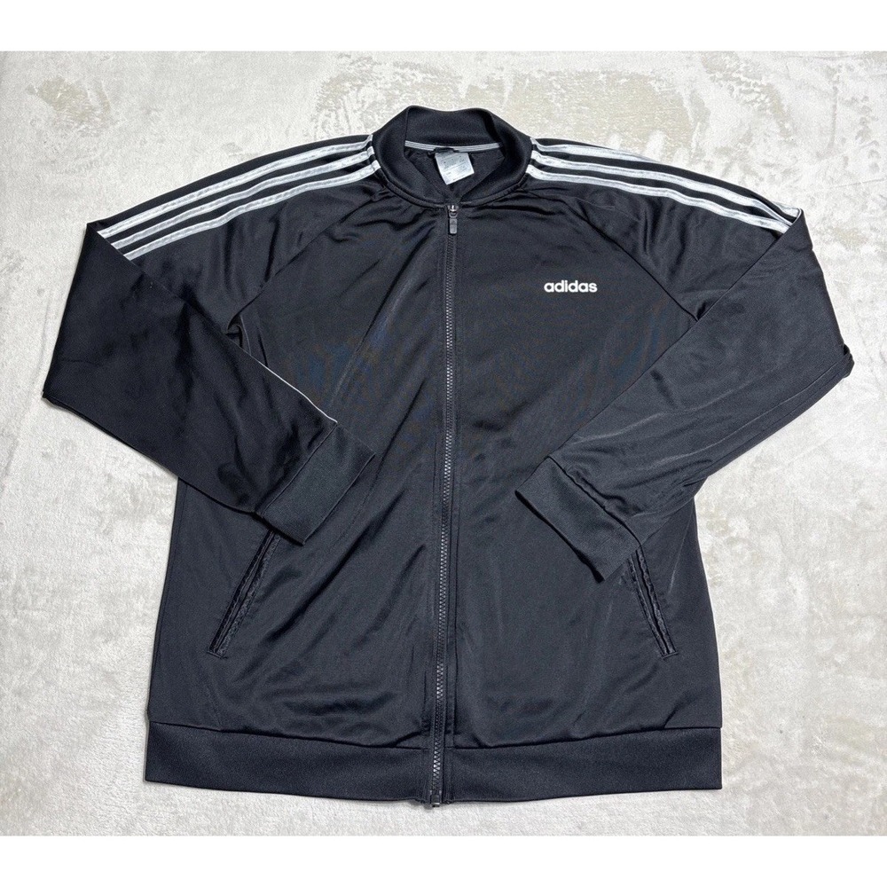 adidas Track Jacket Women's Large Black Full Zip Gray Satin Three Stripe
